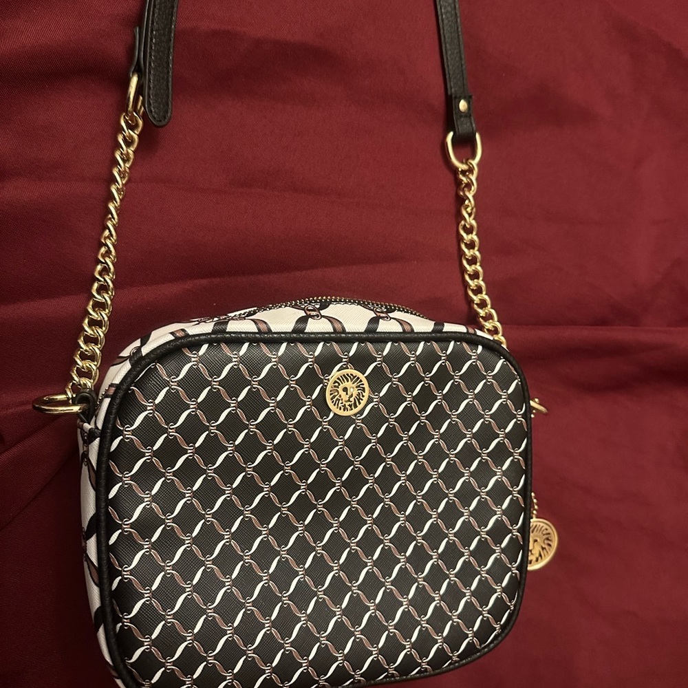 Anne Klein Black and White Crossbody Bag with Gold Accents